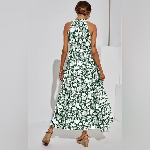 NWT Women's Halter Neck Maxi Layer Dress in Green & Floral Print - Picture 12 of 13